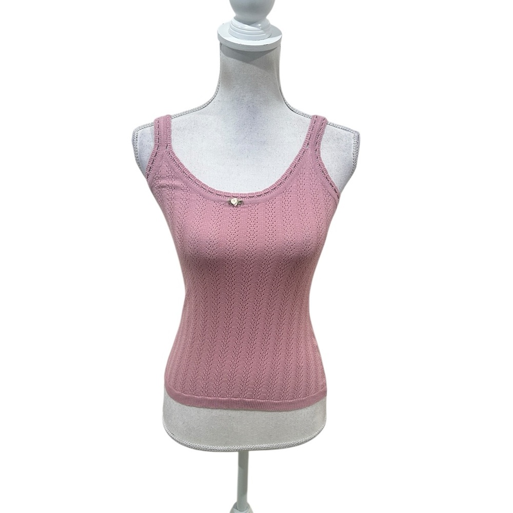 Bobbles & Lace Knit crochet trim scoop neck Tank Top Blush Pink rosette medium